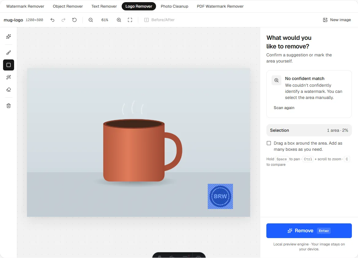 The Erazely editor with a box selection over a corner badge on a mug product photo