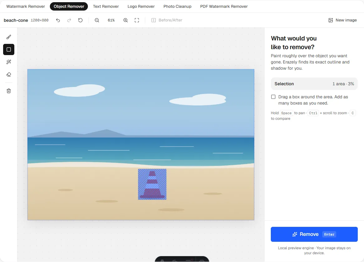 The Erazely editor with a box drawn around a traffic cone and the Remove button ready