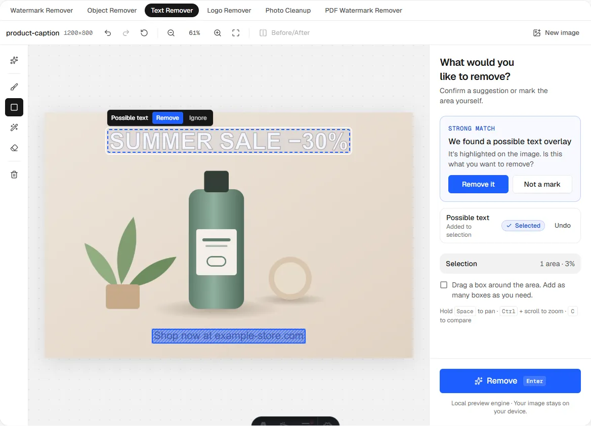 The Erazely Text Remover highlighting two lines of promotional text on a product photo as suggestions