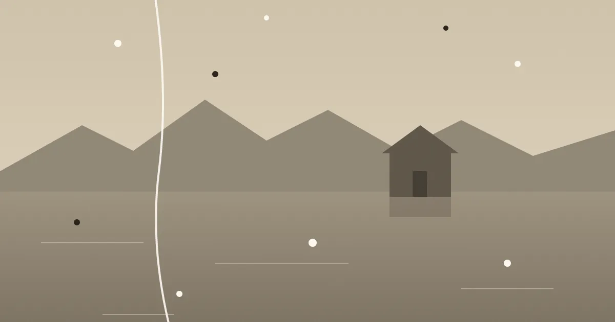 A sepia landscape print covered in white dust specks, dark spots and a long vertical scratch
