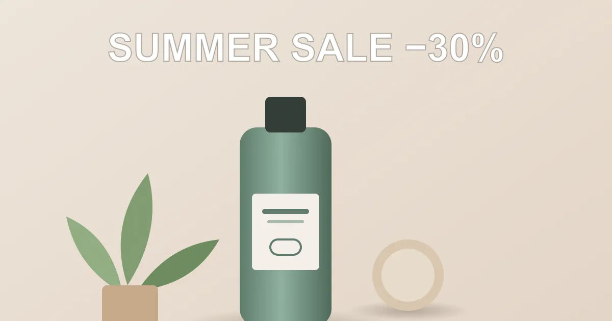 A product photo of a green bottle with a “Summer sale −30%” headline and a shop link written over it
